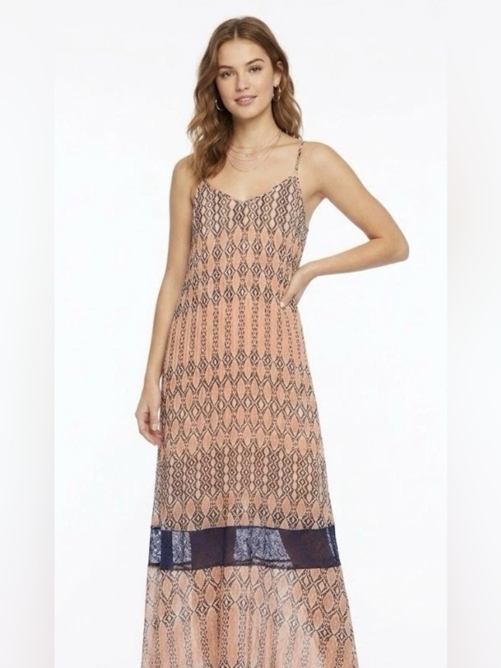 BCBG Generation Peach Printed Spaghetti-Strap Maxi Dress Sz S